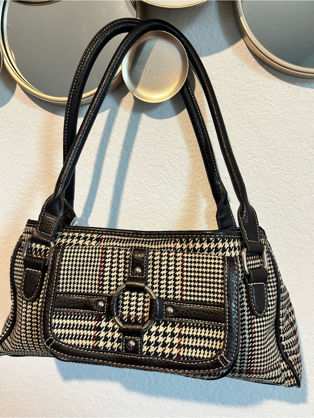CHAPS Houndstooth Plaid Vintage Y2K Shoulder Bag Purse Brown